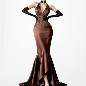 Vintage Brown Satin Fit Flared Beaded Rhinestone Formal Prom Dress Size S/M